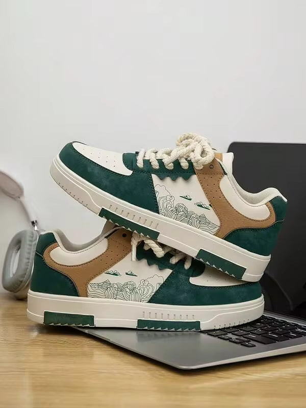 Men's Romantic New Contrast Color Stitching Low-Top Casual Sports Shoes, Fashionable Letter Pattern Design Thick-Soled Walking Shoes Student Flat Shoes