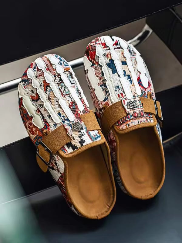 Men's Boho Mule Shoes - Printed Fabric Slip-On Clogs With Metal Buckle, Soft Insole Casual Comfort Sandals For Spring Summer
