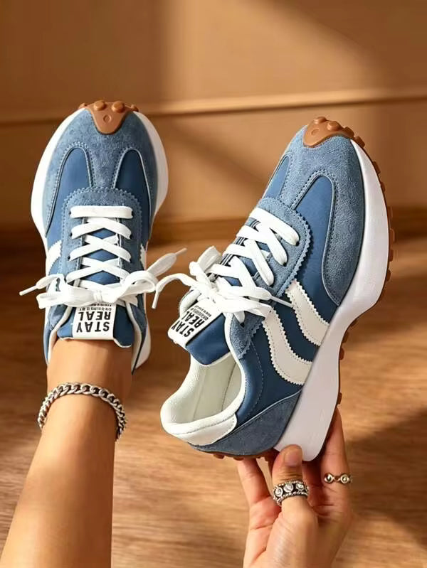 2026 New Retro Suede Sneakers Women, Blue White Casual Lace-Up Trainers, Comfortable Non-Slip Chunky Sole Running Shoes